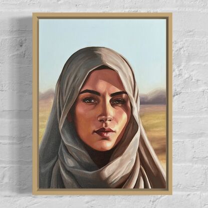 This oil painting captures a realistic and powerful portrait of a woman in a headscarf, with striking details and a serene yet intense expression.