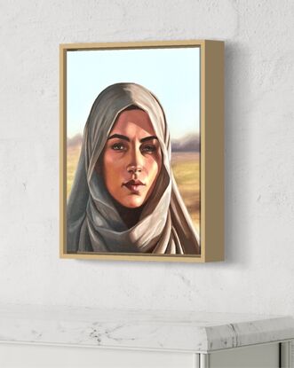 This oil painting captures a realistic and powerful portrait of a woman in a headscarf, with striking details and a serene yet intense expression.