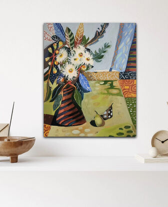 A whimsical decorative still life with Australian native flowers.
