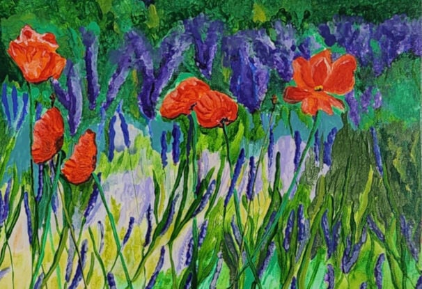 against a background of abstract skies and purple ranges are some brightly coloured orange and red poppies popping up out of a landscape of fields of greens 