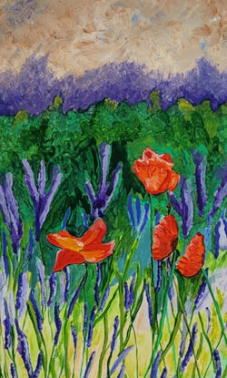 against a background of abstract skies and purple ranges are some brightly coloured orange and red poppies popping up out of a landscape of fields of greens 