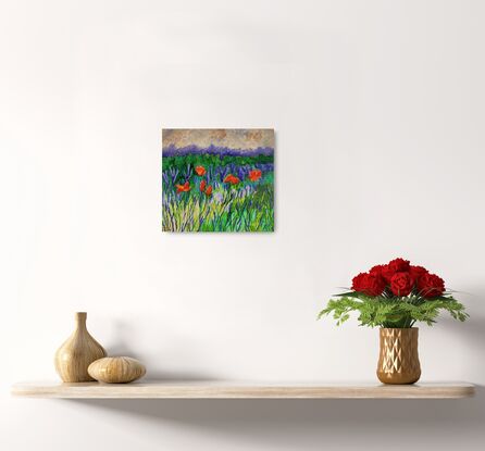 against a background of abstract skies and purple ranges are some brightly coloured orange and red poppies popping up out of a landscape of fields of greens 