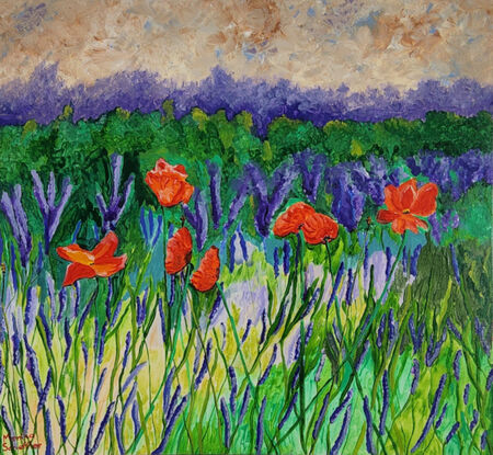 against a background of abstract skies and purple ranges are some brightly coloured orange and red poppies popping up out of a landscape of fields of greens 