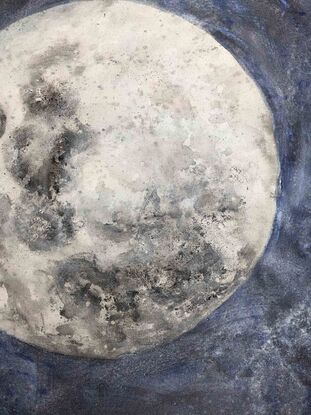 A realistic painting of a full moon in grey, black and white on a charcoal black background.