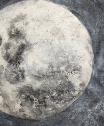 A realistic painting of a full moon in grey, black and white on a charcoal black background.