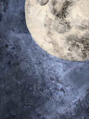 A realistic painting of a full moon in grey, black and white on a charcoal black background.