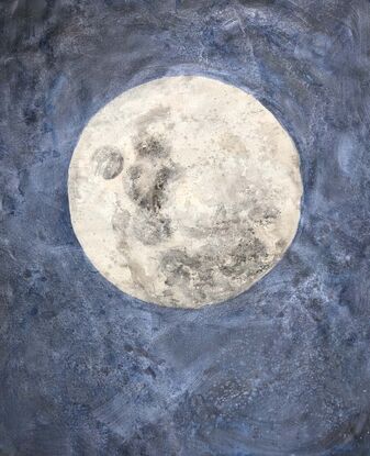 A realistic painting of a full moon in grey, black and white on a charcoal black background.