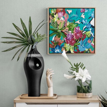 small colourful tropical nature painting with flowers and birds