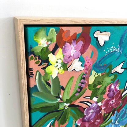 small colourful tropical nature painting with flowers and birds