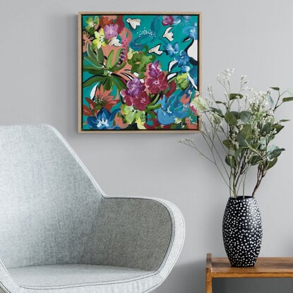 small colourful tropical nature painting with flowers and birds