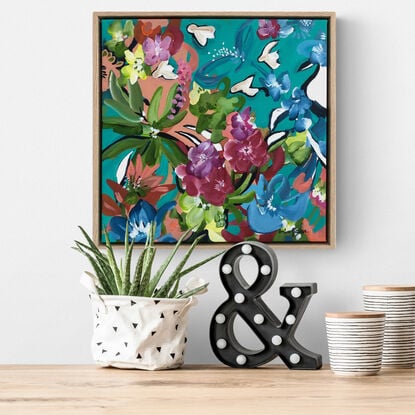 small colourful tropical nature painting with flowers and birds