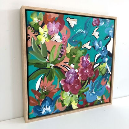 small colourful tropical nature painting with flowers and birds