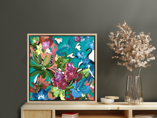 small colourful tropical nature painting with flowers and birds