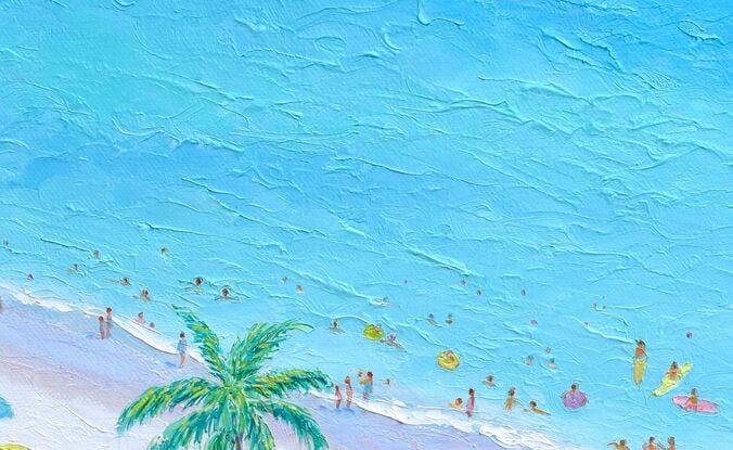 A thickly textured oil painting of beach scene with palm trees swaying in the tropical sea breeze, brightly coloured beach umbrellas and people relaxing and swimming.