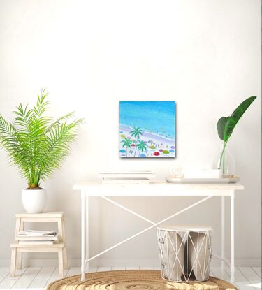 A thickly textured oil painting of beach scene with palm trees swaying in the tropical sea breeze, brightly coloured beach umbrellas and people relaxing and swimming.