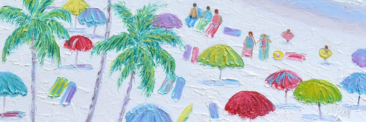 A thickly textured oil painting of beach scene with palm trees swaying in the tropical sea breeze, brightly coloured beach umbrellas and people relaxing and swimming.