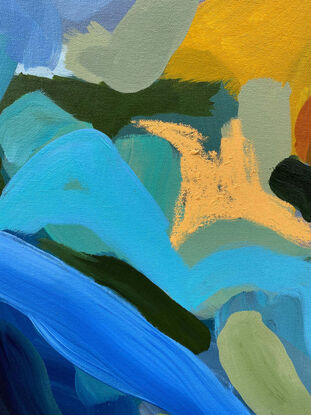 A mix of blues and greens, with accents of yellow oil stick for texture. Unframed- get in touch for framing.