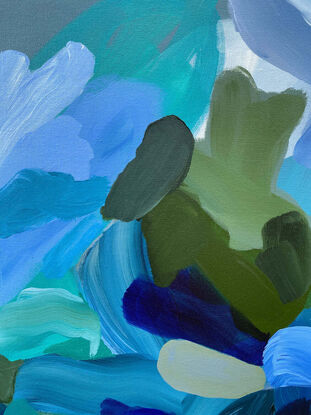 A mix of blues and greens, with accents of yellow oil stick for texture. Unframed- get in touch for framing.