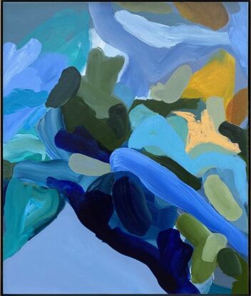 A mix of blues and greens, with accents of yellow oil stick for texture. Unframed- get in touch for framing.