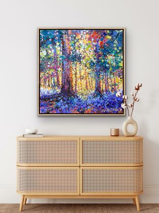 Bluebells under trees , painted with dots in vibrant colours. 