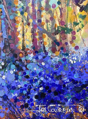 Bluebells under trees , painted with dots in vibrant colours. 