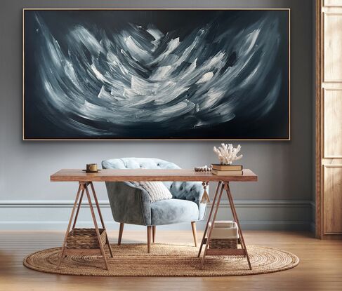 Black, white and grey large brushstrokes which are a mixture of thick and bold with blended edges