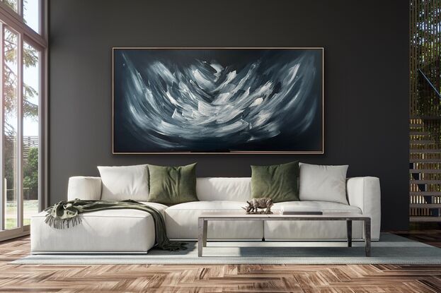 Black, white and grey large brushstrokes which are a mixture of thick and bold with blended edges