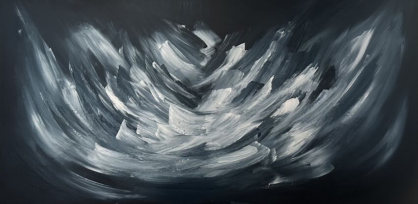 Black, white and grey large brushstrokes which are a mixture of thick and bold with blended edges