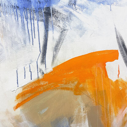 bold marks and colour fields in orange, peach, apricot, beige, white, blue and grey across a large canvas