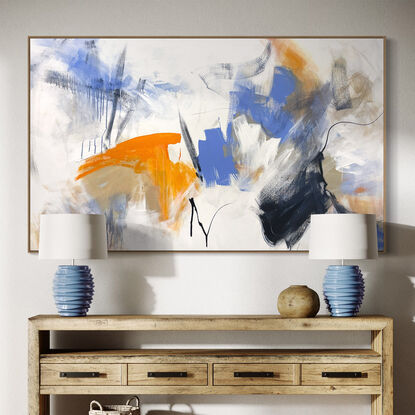 bold marks and colour fields in orange, peach, apricot, beige, white, blue and grey across a large canvas