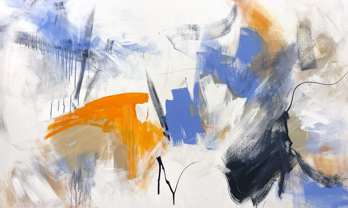 bold marks and colour fields in orange, peach, apricot, beige, white, blue and grey across a large canvas