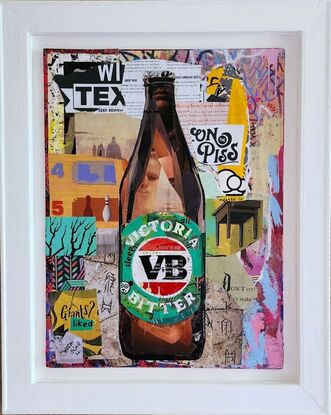 Paper collage artwork depicting a VB longneck beer bottle on canvas board, framed.