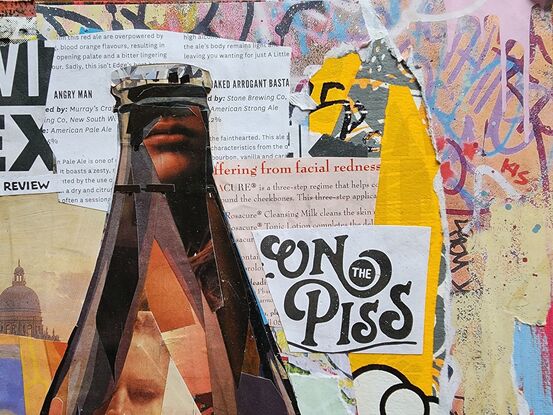 Paper collage artwork depicting a VB longneck beer bottle on canvas board, framed.