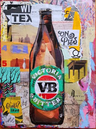 Paper collage artwork depicting a VB longneck beer bottle on canvas board, framed.