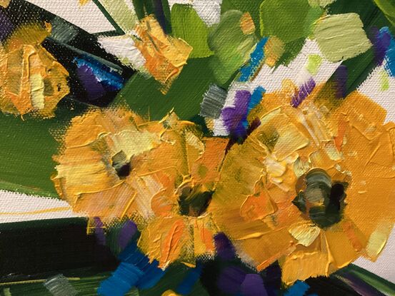 Modern abstract floral in Bright yellow and gold with Green  leaves and hints of purple and Cobalt blue.