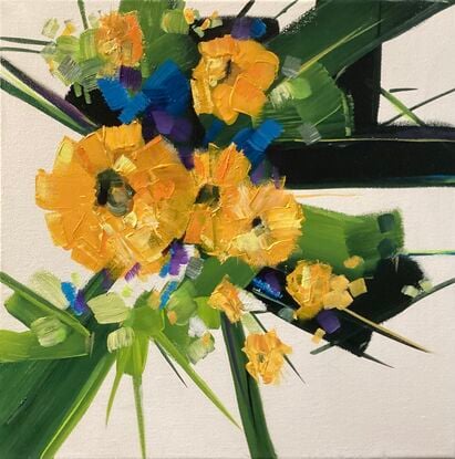 Modern abstract floral in Bright yellow and gold with Green  leaves and hints of purple and Cobalt blue.