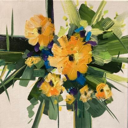 Modern abstract floral in Bright yellow and gold with Green  leaves and hints of purple and Cobalt blue.