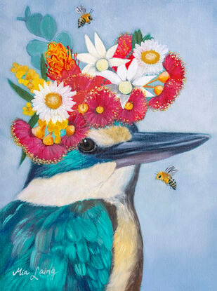 Sacred kingfisher bird with a crown of wildflowers. 