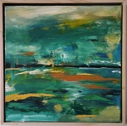 An abstract painting of a beach with green tones