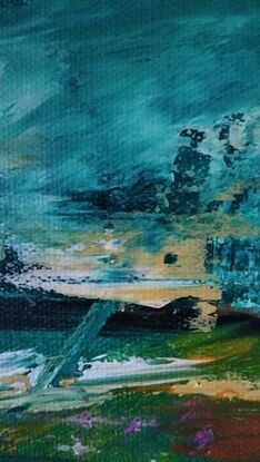 An abstract painting of a beach with green tones