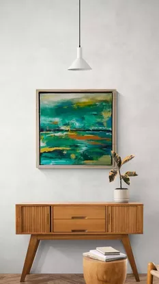 An abstract painting of a beach with green tones