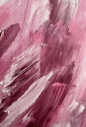 Large brushstrokes in pink, white and magenta framed in sustainable timber