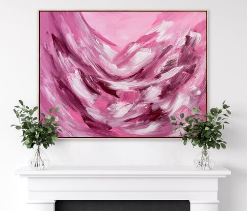 Large brushstrokes in pink, white and magenta framed in sustainable timber