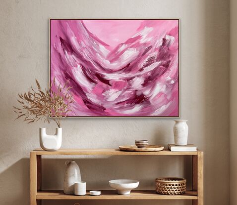 Large brushstrokes in pink, white and magenta framed in sustainable timber