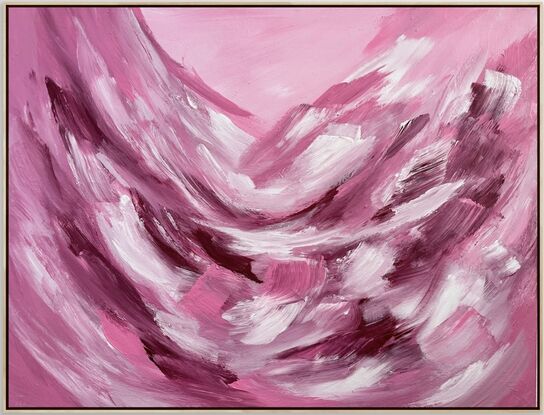 Large brushstrokes in pink, white and magenta framed in sustainable timber