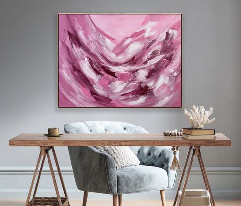 Large brushstrokes in pink, white and magenta framed in sustainable timber