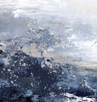 A small original textured painting in predominantly deep dark blue, grey, white with some subtle silver highlights