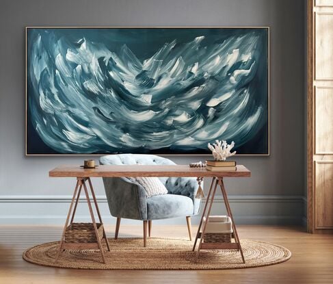 large brushsrokes in dark turquoise and white on sustainable canvas
