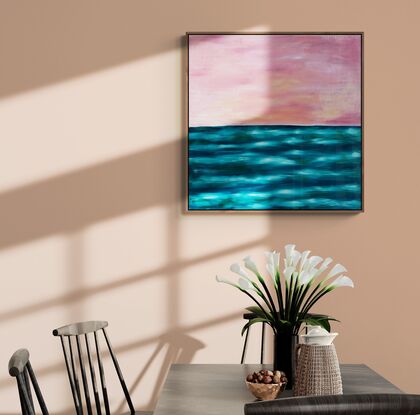 An abstract landscape of layers and contrast created with mark making in a veneer over a blue ocean background with a light pinkish sky. 