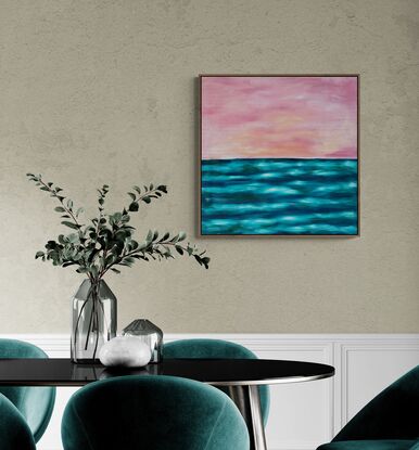 An abstract landscape of layers and contrast created with mark making in a veneer over a blue ocean background with a light pinkish sky. 